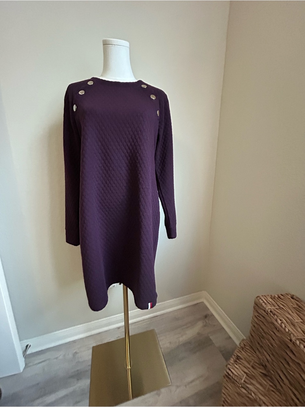 Tommy Hilfiger Quilted Long Sleeve Shift Dress in Deep Plum